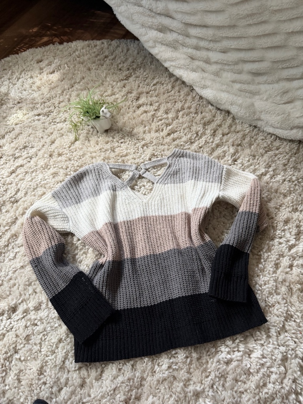 Soft knit V-neck Love By Design Striped V-Neck Sweater in Cream, Taupe, Gray & B